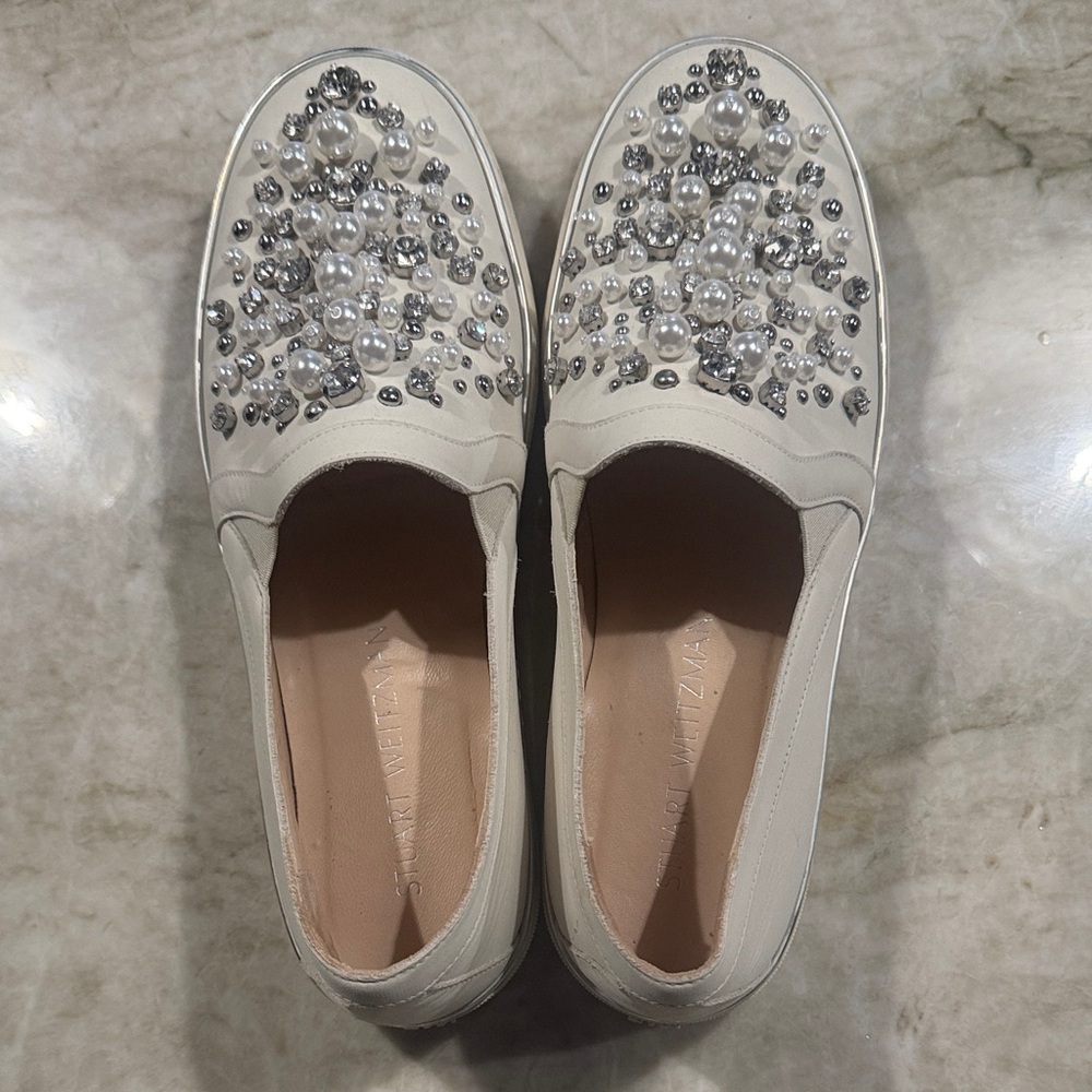 Stuart Weitzman Embellished Cream Slip-On Sneakers